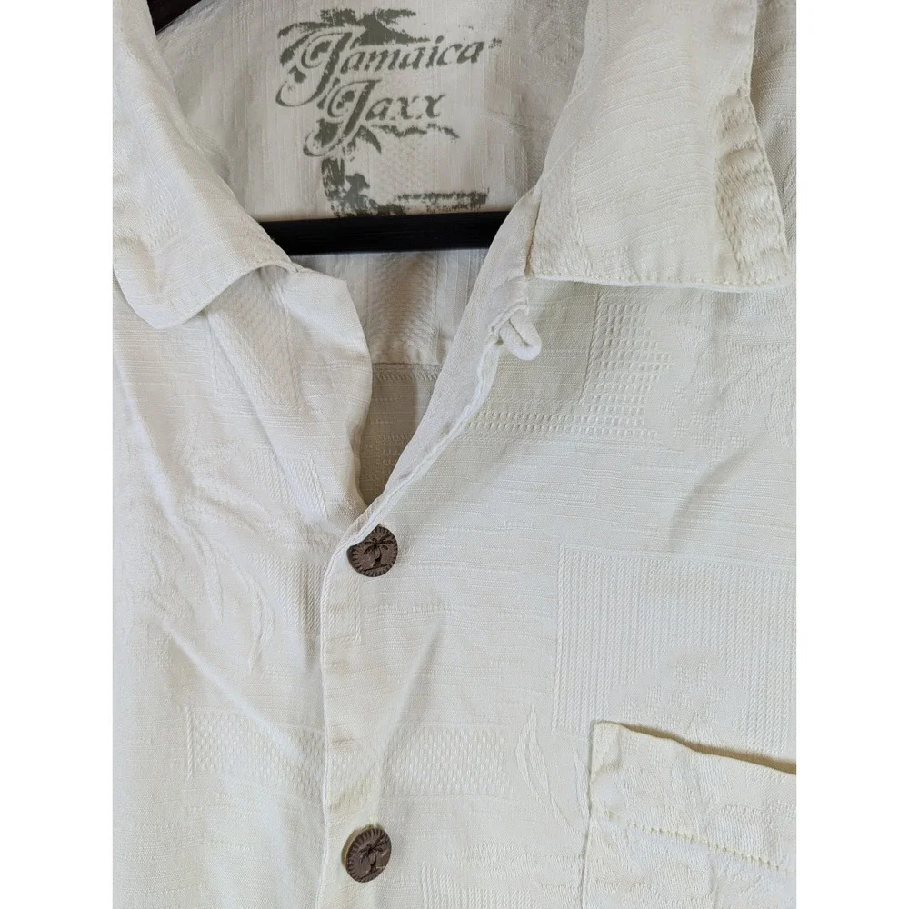 Jamaica‎ Jaxx Silk Button Up Shirt Jacquard Short Sleeve Cream Beige Mens Large